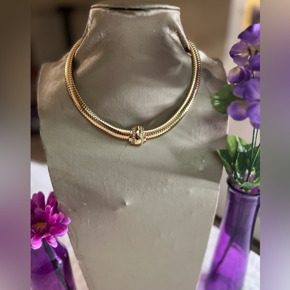 Gold, plated, vintage collar, choker, rhinestone necklace